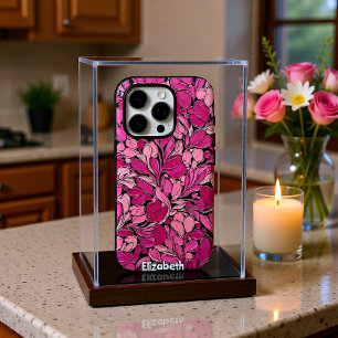 Coque iPhone 16 Pro Fleurs roses texturées sur vignes noires