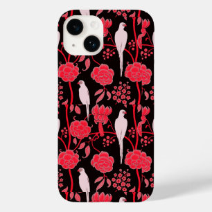 COQUE POUR iPhone 14 FLEURS ROUGES ART DÉCO, PIROTS BLANCS EN NOIR