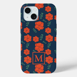 Coque Case-Mate iPhone Fleurs rouges Motif Monogramme bleu foncé
