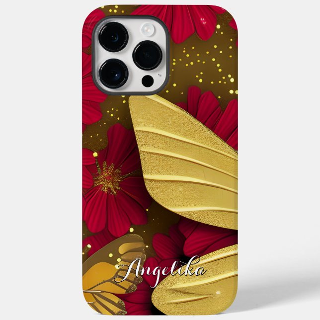 Coques Case-Mate iPhone Fleurs Rouges Paillettes Dorées Nom Personnalisé (Verso)