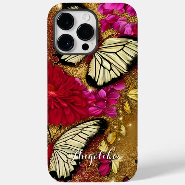 Coques Case-Mate iPhone Fleurs Rouges Paillettes Dorées Papillons Nom Pers (Verso)