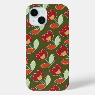 Coque Pour iPhone 15 Fleurs rouges rouges rouges verts Fleurs de fleurs