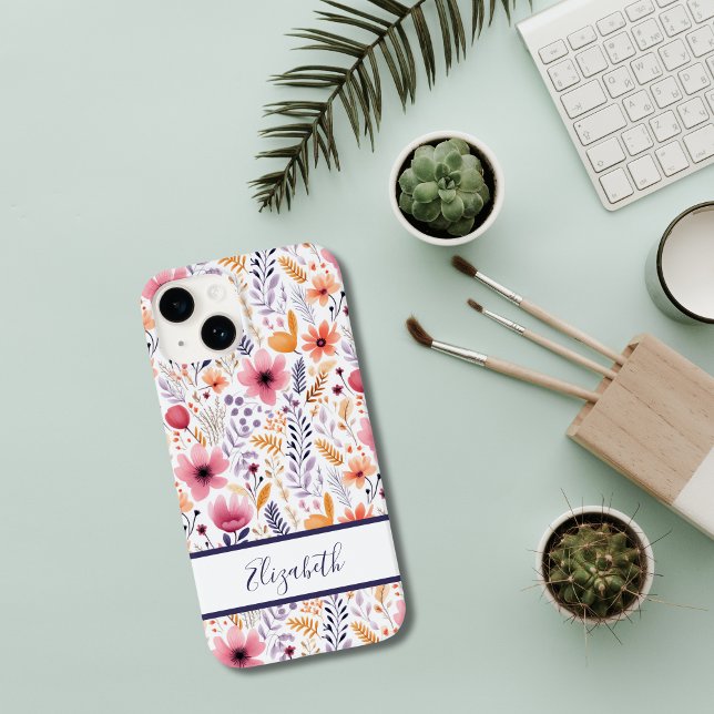 Coques Case-Mate iPhone Fleurs sauvages Boho Monogramme Rose Violet Orange (Boho Wildflowers pink purple orange coral Monogrammed iPhone case. )