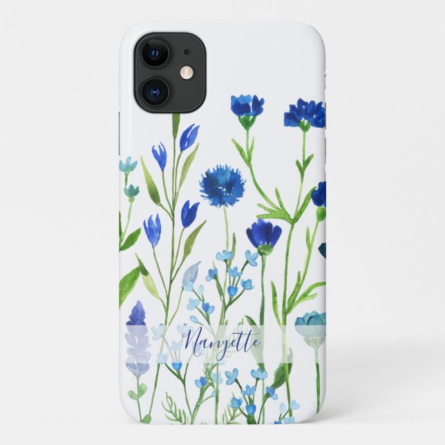 Coques Case-Mate iPhone Fleurs sauvages d'aquarelle bleu avec nom (Dos)