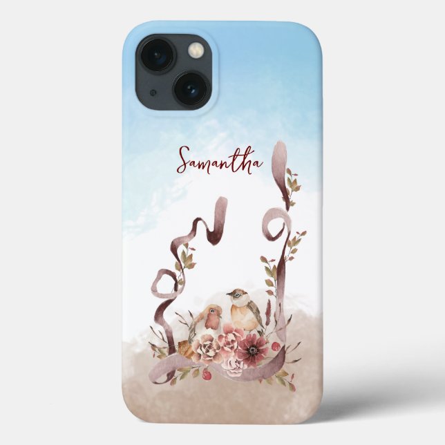 Coques Case-Mate iPhone Fleurs sauvages d'automne Oiseaux Nom personnalisé (Verso)