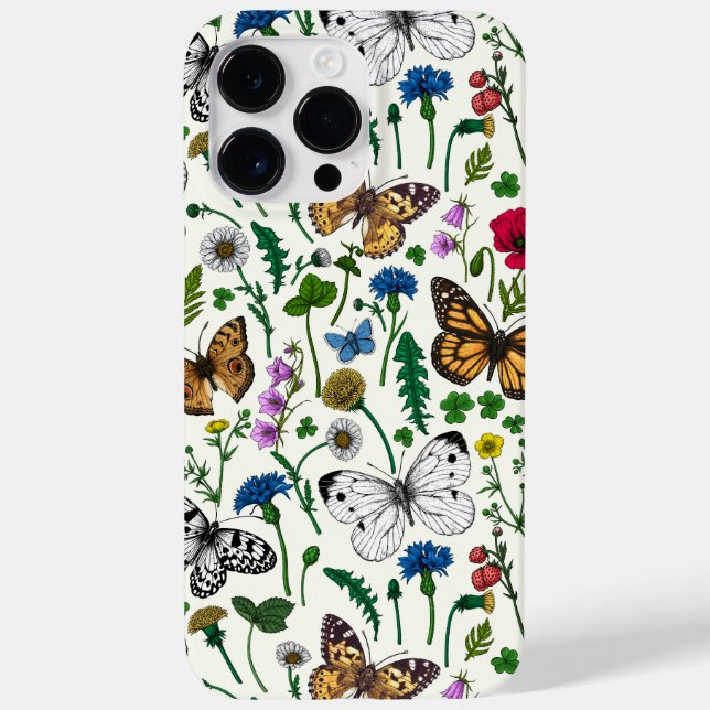 Coques Case-Mate iPhone Fleurs sauvages et papillons sur blanc (Verso)