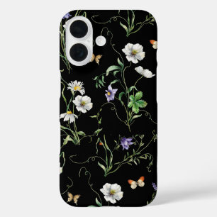Coque Pour iPhone 16 Fleurs sauvages et papillons sur le noir