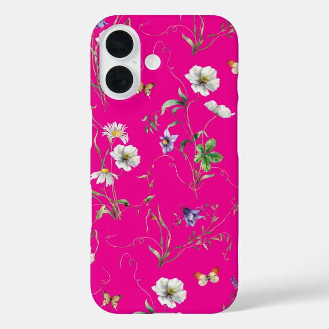Coques Case-Mate iPhone Fleurs sauvages et papillons sur le rose néon (Verso)