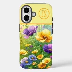 Coque Pour iPhone 16 Fleurs sauvages jaunes et violets Monogrammes