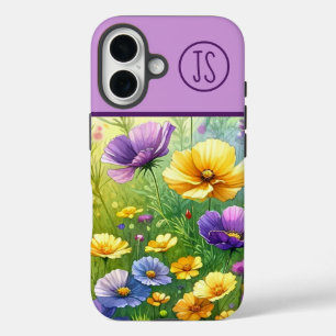 Coque Pour iPhone 16 Fleurs sauvages jaunes et violets Monogrammes