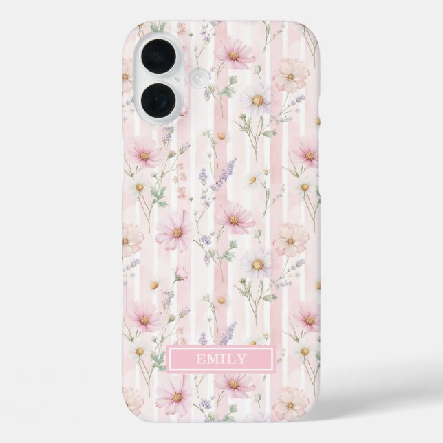 Coques Case-Mate iPhone Fleurs Sauvages Roses Rayées Monogrammées (Verso)