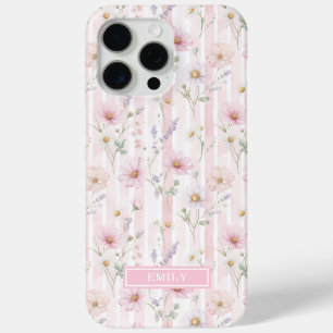 Coque Case-Mate iPhone Fleurs Sauvages Roses Rayées Monogrammées