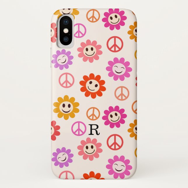 Coques Case-Mate iPhone Fleurs souriantes avec signes de paix Monogrammées (Dos)