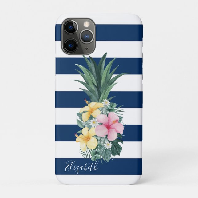 Coques Case-Mate iPhone Fleurs Tropicales Ananas, Rayures Bleu Marine (Dos)