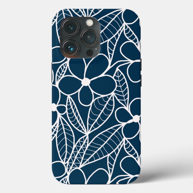 Coques Case-Mate iPhone Fleurs tropicales bleu foncé et blanc (Verso)