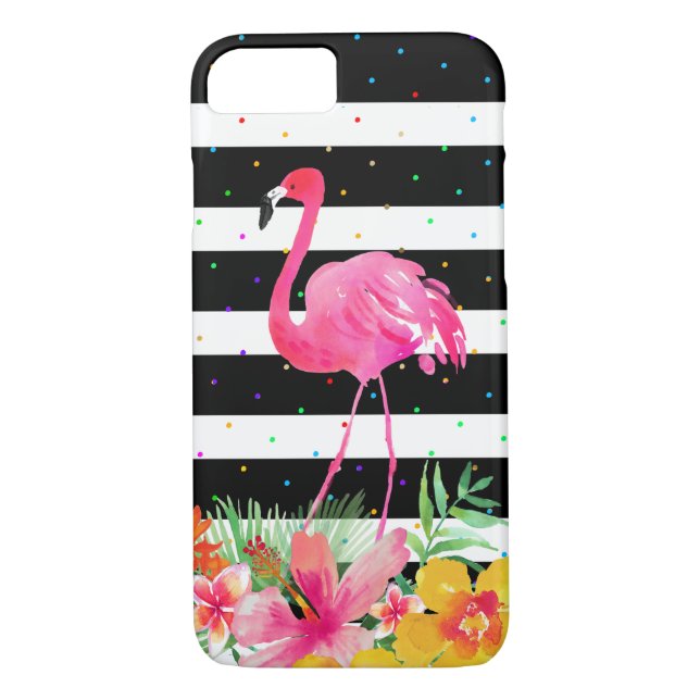 Coques Case-Mate iPhone Fleurs tropicales et bandes noires du Flamant rose (Dos)