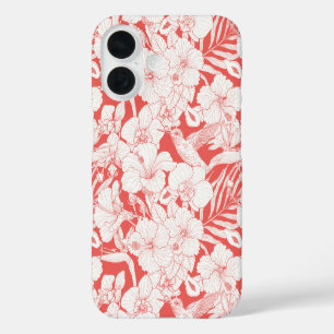 Coque Pour iPhone 16 Fleurs tropicales et colibri en corail et dépareil
