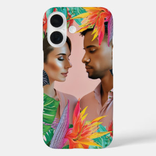 Coque Pour iPhone 16 Fleurs tropicales roses néon chaudes Plumes de jun