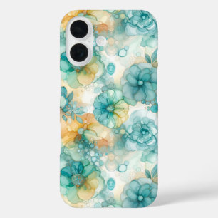 Coque Pour iPhone 16 Fleurs turquoises et jaunes Illustration de l'encr