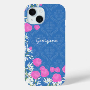 Coque Pour iPhone 15 Fleurs vintages roses et blanches avec Damas sur b