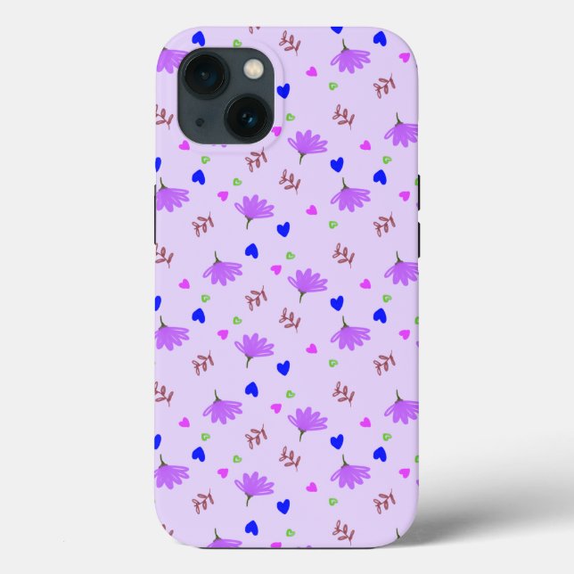 Coques Case-Mate iPhone Fleurs violettes Coeurs bleus (Verso)