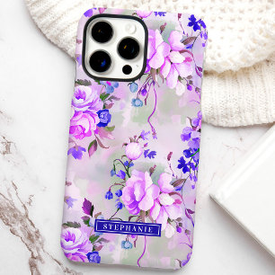 Coque iPhone 16 Pro Max Fleurs violettes et roses avec nom personnalisé