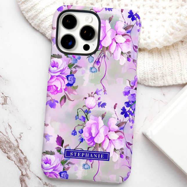 Coques Case-Mate iPhone Fleurs violettes et roses avec nom personnalisé (Créateur téléchargé)