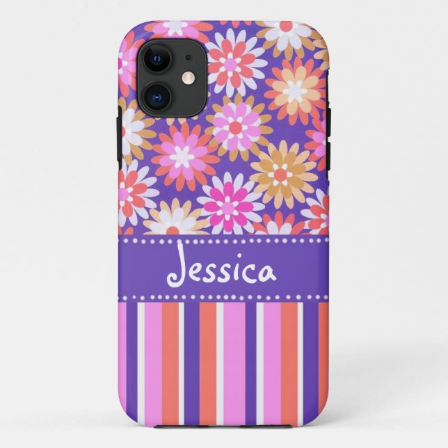 Coques Case-Mate iPhone Fleurs violettes et roses et rayures (Dos)