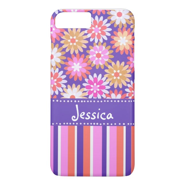 Coques Case-Mate iPhone Fleurs violettes et roses et rayures (Dos)