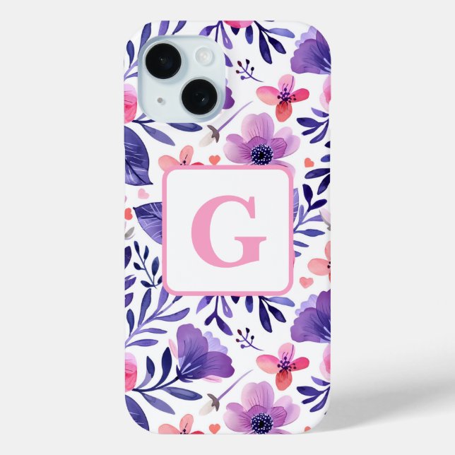 Coques Case-Mate iPhone Fleurs violettes peintes à la main monogramme pers (Verso)