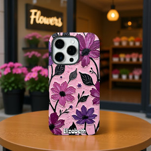 Coque iPhone 16 Pro Fleurs violettes texturées sur rose