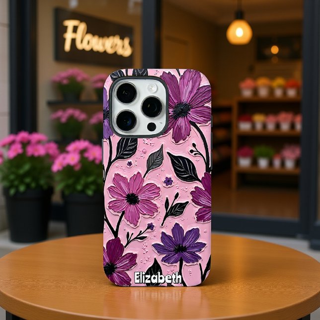 Coques Case-Mate iPhone Fleurs violettes texturées sur rose (Créateur téléchargé)