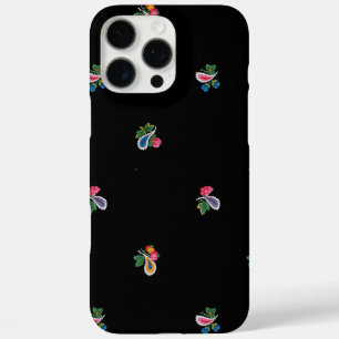 Coque iPhone 16 Pro Max Fleurs vives, feuilles et paisleys noirs
