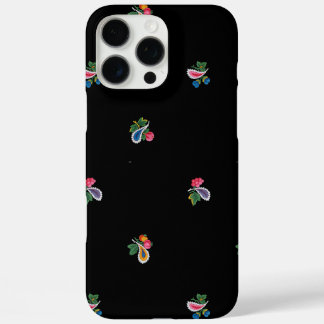 Coque iPhone 16 Pro Max Fleurs vives, feuilles et paisleys noirs