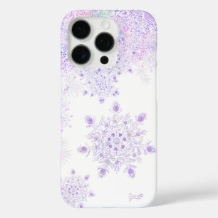 Coque iPhone 16 Pro flocon de neige violet clair et cœur scintillant