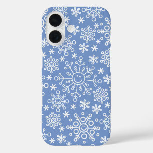 Coque Pour iPhone 16 Flocons de neige gribouillés blancs et fond bleu