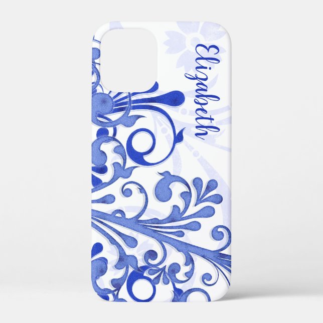 Coques Case-Mate iPhone Floral Abstrait bleu et blanc (Verso)