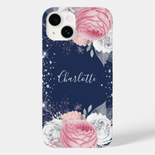 Coque Case-Mate iPhone Floral bleu rose rose argent nom de la parties sci