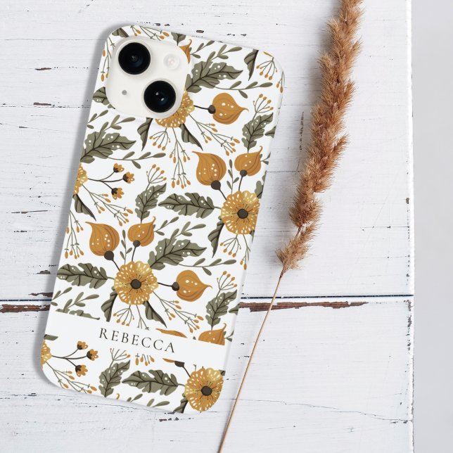 Coques Case-Mate iPhone Floral Botanique Motif Blanc Golden Personnalisé N (Créateur téléchargé)