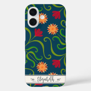Coque Pour iPhone 16 Floral Damask Sunflower Boho Navy Blue Folk Art