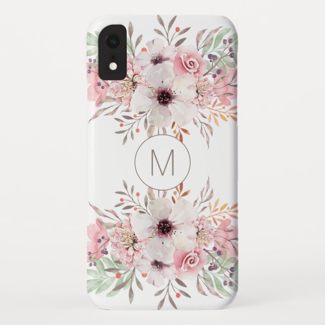 Coques Case-Mate iPhone Floral d'aquarelle rose monogramme moderne (Dos)