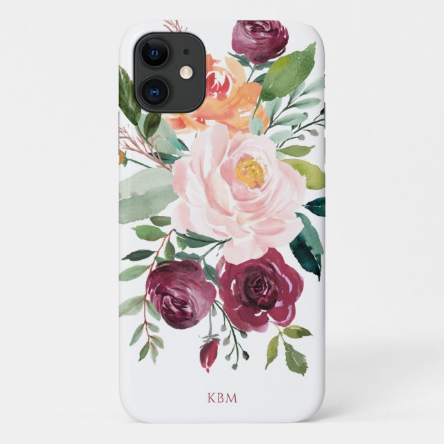 Coques Case-Mate iPhone Floral d'aquarelle rustique avec Monogramme (Dos)