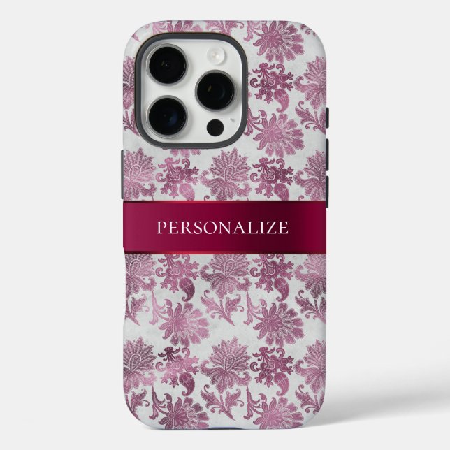 Coques Case-Mate iPhone Floral d'argent rouge de Bourgogne (Verso)