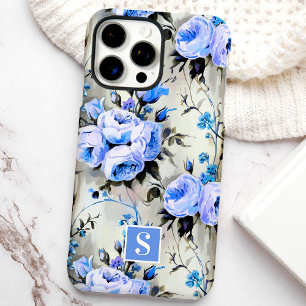 Coque iPhone 16 Pro Max Floral de Monogramme bleu et périphérique