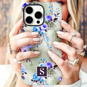 Coque iPhone 16 Pro Max Floral de monogramme bleu et violet