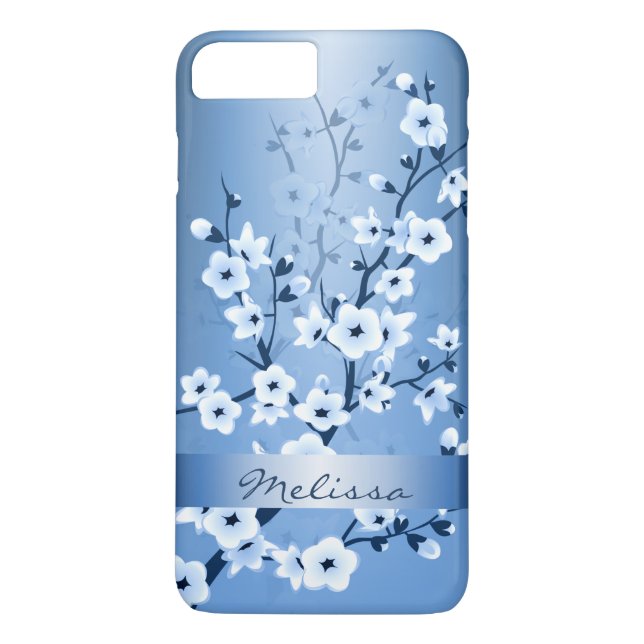Coques Case-Mate iPhone Floral Fleurs de cerisiers Monogramme bleu blanc (Dos)