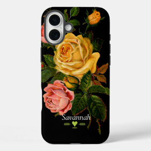 Coques iPhone 16 Plus Floral Hirloom Rose noir jaune rose