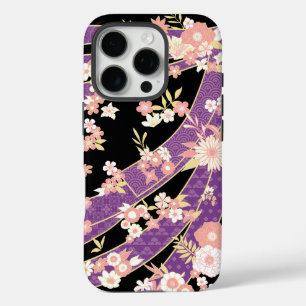 Coque iPhone 16 Pro Floral Kimono Motif Violet