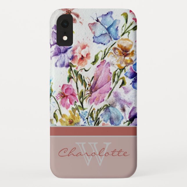 Coques Case-Mate iPhone Floral moderne et papillon w Blush Monogramme Nom (Dos)