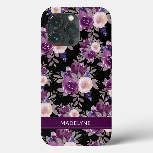 Coques Case-Mate iPhone Floral moderne violet mauve noir (Verso)